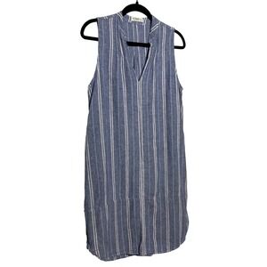 4Our Dreamers Linen Blend V-Neck Tunic Dress Blue Ivory Stripe Women's Sz Small